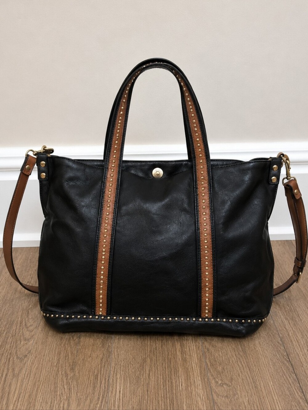 BIG BUDDAH Black and Tan Studded Faux Leather Tote Bag